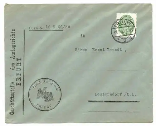 Brief Geschäftsstelle Amtsgericht Erfurt Dienstmarke 1930 !  (b7