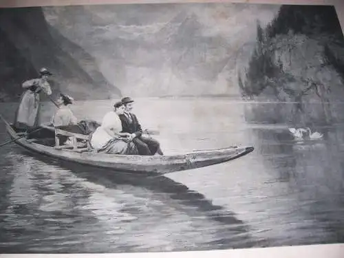 Kupferätzung Gause Auf dem Königssee Liebespaar im Boot 114 x 84 cm um 1900 !