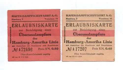 Erlaubniskarte Hamburg Amerika Linie Besichtigung Übersee Dampfer 2 Stück