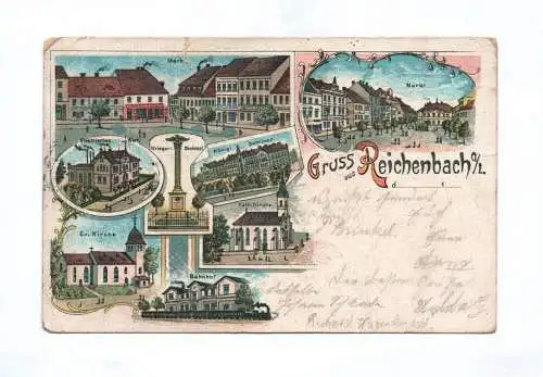 Litho Ak Gruss aus Reichenbach Markt Krieger Denkmal Evangelische Kirche 1910