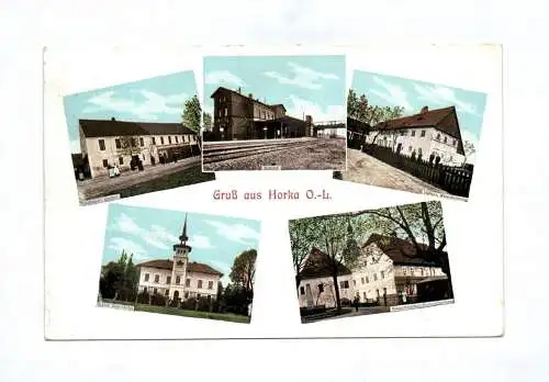 Ak Gruß aus Horka Oberlausitz 1911 Bahnhof Tzschoppes Gasthof Kirche