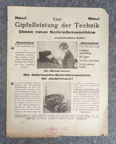 Werbe Blatt Geniatus Schreibmaschine alter Werbedruck 1937