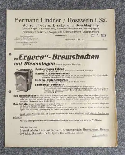 Prospekt Hermann Lindner Rosswein Ergeco Bremsbacken 1929