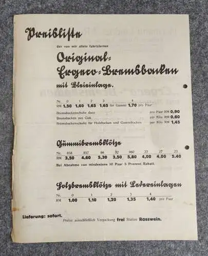 Prospekt Hermann Lindner Rosswein Ergeco Bremsbacken 1929