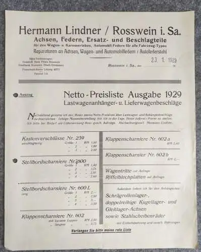 Werbeblatt Hermann Lindner Rosswein 1929 alte Preisliste