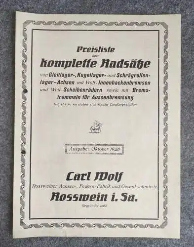 Carl Wolf Rosswein Sachsen alte Werbeblätter Preislisten 1929