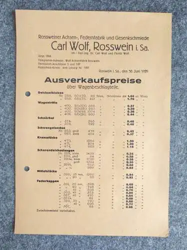 Carl Wolf Rosswein Sachsen alte Werbeblätter Preislisten 1929