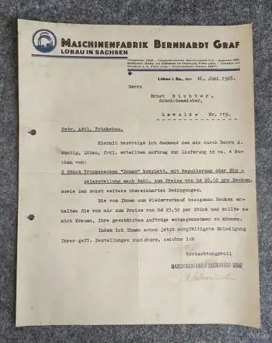 Maschinenfabrik Bernhardt Graf Löbau Auftragsbestätigung 1928