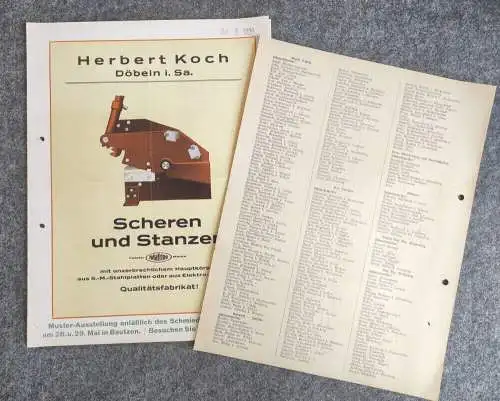 Prospekt Herbert Koch Döbeln Scheren und Stanzen Preisliste 1930