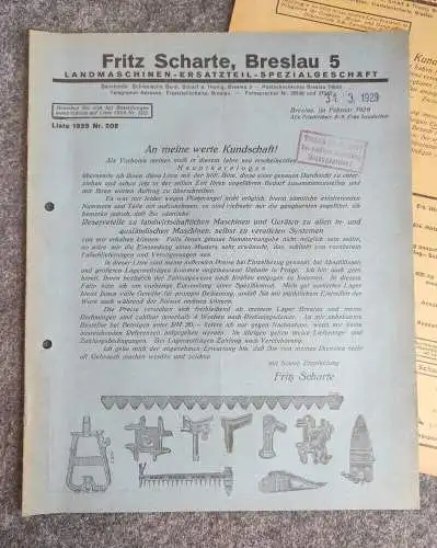 Fritz Scharte Breslau 1929 Landmaschinen 2x Preisliste