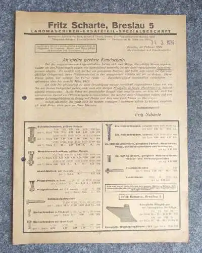 Fritz Scharte Breslau 1929 Landmaschinen 2x Preisliste