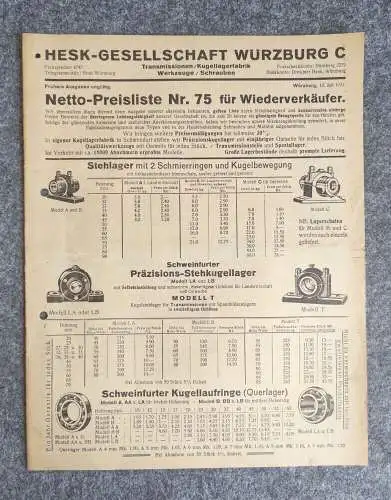 Netto Preisliste Nr 75 HESK Gesellschaft Würzburg 1931
