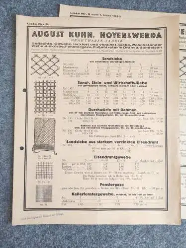 Preislisten August Kuhn Hoyerswerda 1930 Drahtgeflechte