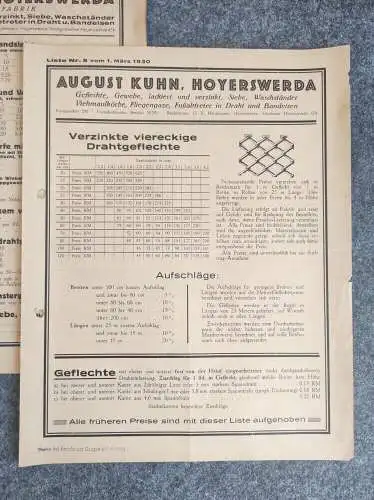 Preislisten August Kuhn Hoyerswerda 1930 Drahtgeflechte