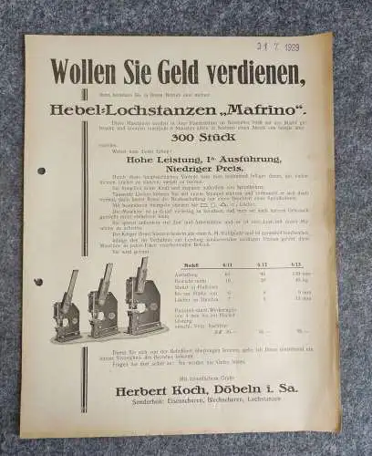 Prospekt Herbert Koch Döbeln 1929 Hebel Lochstanzen Mafrino
