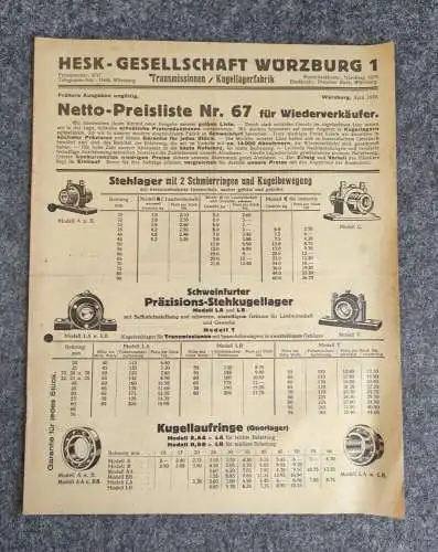 Netto Preisliste 67 Wiederverkäufer Hesk Gesellschaft Würzburg 1929