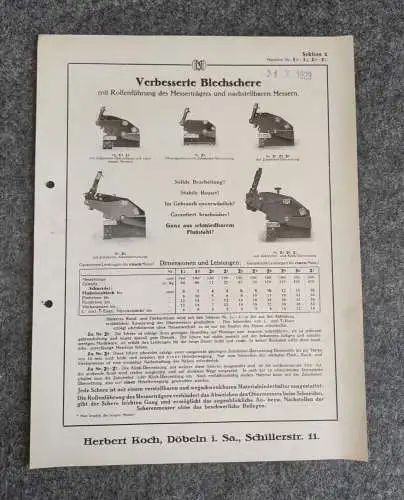 Herbert Koch Döbeln Prospekt Verbesserte Blechschere 1929