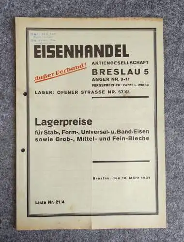 Lagerpreise Eisenhandel Aktiengesellschaft Breslau 1931 alte Preisliste