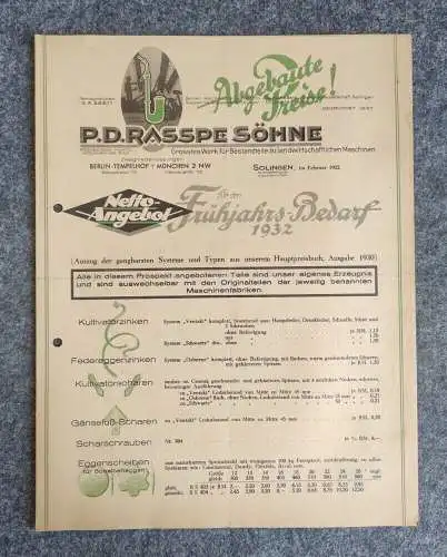 PD Rasspe Söhne alte Preisliste 1932 Solingen Frühjahres Bedarf