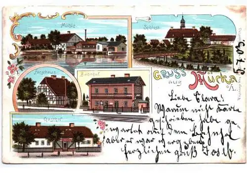 Litho Ak Mücka Bahnhof Gasthof 1903 Kreis Görlitz 1903 Bahnpost