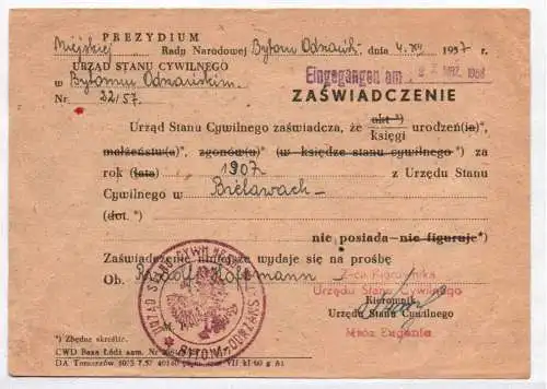 Ausweis 1957 Bytom Beuthen Schlesien Polen