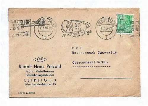 Metallwaren Bezeichnungsschilder Leipzig Brief DDR 1956