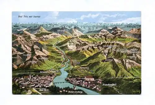 Künstler Ak Bad Tölz mit Isartal Krankenheil Berge