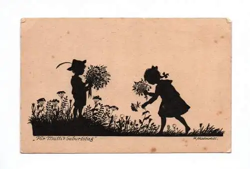 Ak Für Muttis Geburtstag Silhouette gedrucktes Motiv Kinder beim Blumen pflücken