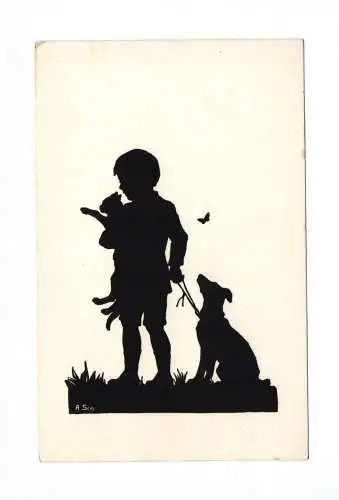 Ak Junge mit Katze und Hund Silhouette gedrucktes Motiv