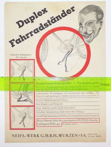 Altes Reklame Blatt Duplex Fahrradständer Neipa Werke Wurzen 1930 er Fahrrad