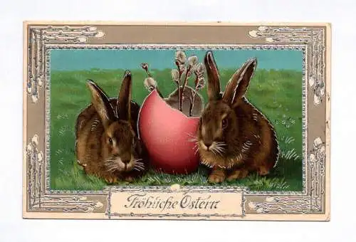Litho Ak silbergeprägt Hasen Osterei DR Fröhliche Ostern