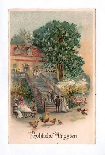 Künstler Ak Fröhliche Pfingsten Menschen am Gasthaus 1913
