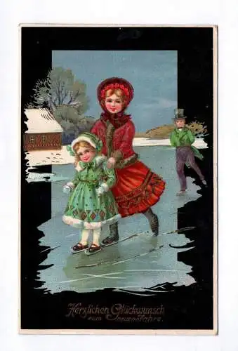 Litho Ak Kinder beim Schlittschuhfahren 1912 Herzlichen Glückwunsch Neujahr
