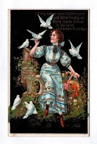 Litho Ak Frau mit Blumen und Tauben 1913 Oh Flieg empor goldgeprägt