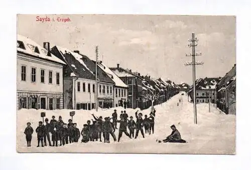 Litho Ak Sayda im Erzgebirge Kinder im Schnee 1911