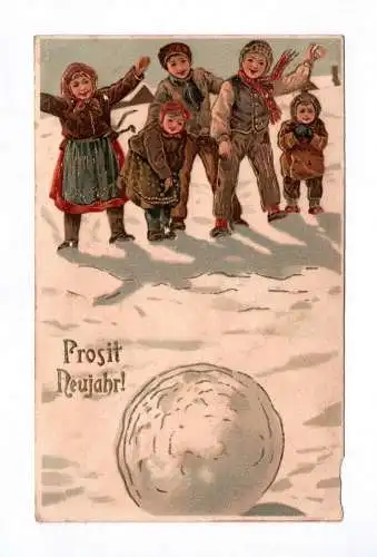 Litho Ak goldgeprägt Prosit Neujahr 1907 Kinder im Schnee
