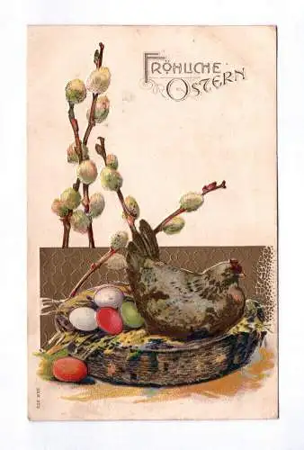 Litho Ak Fröhliche Ostern Huhn Ostereier 1906 geprägt