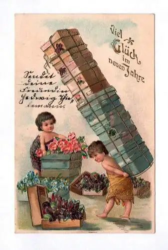 Litho Ak Viel Glück im neuen Jahr 1906 Kinder mit Blumen goldgeprägt