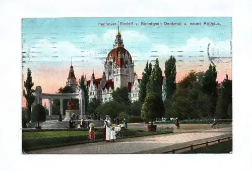 Künstler Ak Hannover Rudolf von Bennigsen Denkmal und neues Rathaus 1911