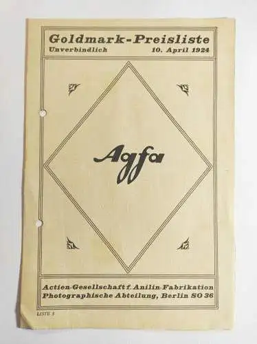 Goldmark Preisliste April 1924 Agfa Foto und Filmmaterial