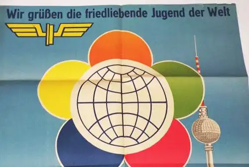 Top Plakat Weltfestspiele 1973 Berlin Fernsehturm Tag des Eisenbahners Diesellok