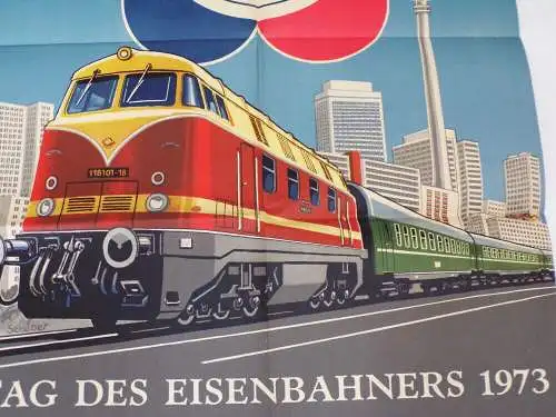 Top Plakat Weltfestspiele 1973 Berlin Fernsehturm Tag des Eisenbahners Diesellok