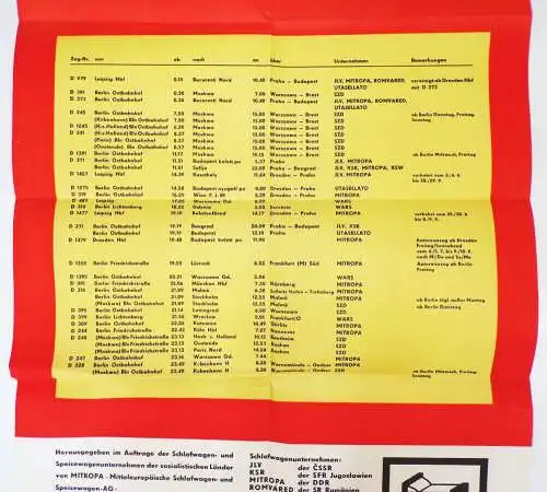 Alter Aushang Plakat internationale Schlafwagen Verbindungen 1973 Reichsbahn