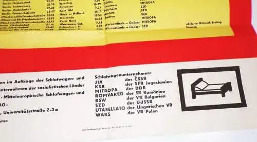 Alter Aushang Plakat internationale Schlafwagen Verbindungen 1973 Reichsbahn