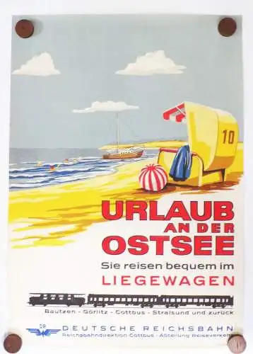 Altes Reichsbahn Plakat Urlaub an der Ostsee Schlafwagen 1966 Strand Poster