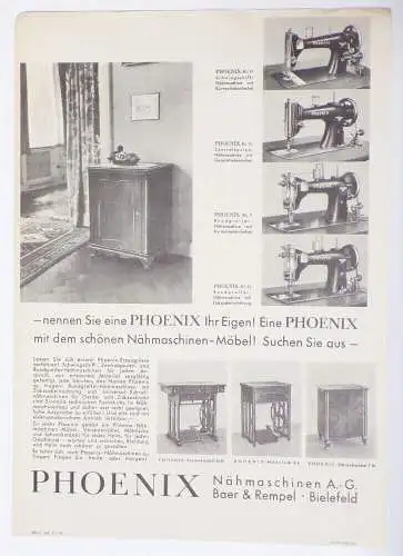 Phoenix Nähmaschine Werbeblatt Reklame Blatt Baer Rempel Bielefeld 1936