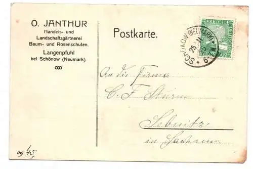 Postkarte Janthur Landschaftsgärtner Langenpfuhl bei Schönow Neumark 1925