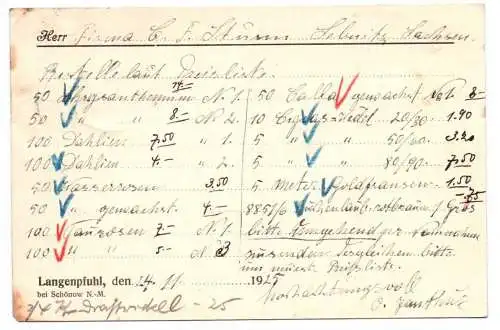 Postkarte Janthur Landschaftsgärtner Langenpfuhl bei Schönow Neumark 1925