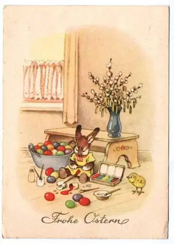 Ak Osterhase beim Eier bemalen Frohe Ostern 1959 Fritz Baumgarten