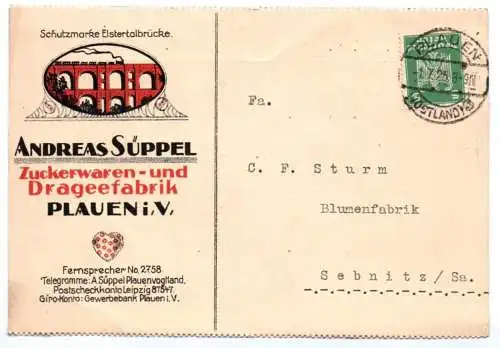 Reklame Drucksache Plauen Vogtland Süppel Zuckerwaren Dragee Fabrik 1925